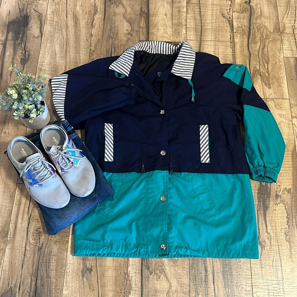 Vintage 90s Braetan Retro Green Blue Teal Windbreaker Coat Jacket Womens Medium